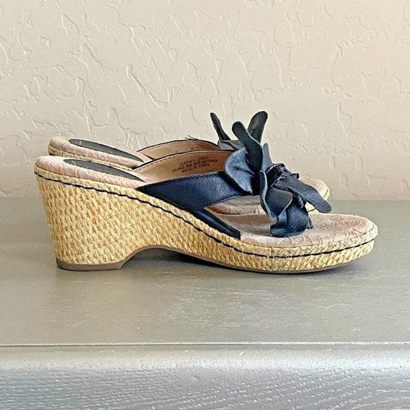 Born Concept BOC 6 Black Leather Flower Platform Wedge Thong Sandals - Picture 8 of 12